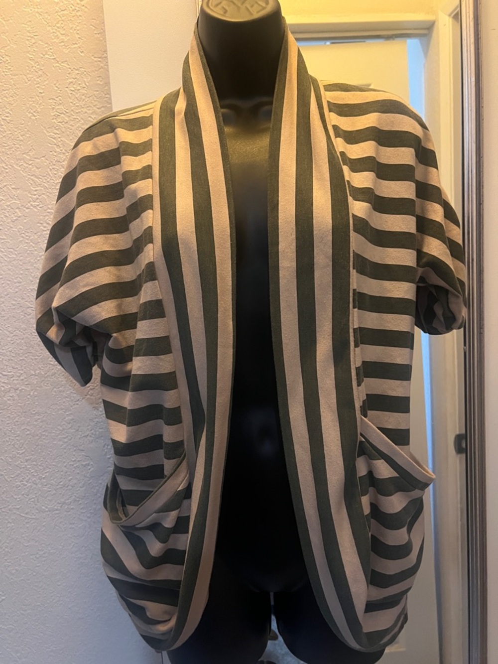 Wet Seal Olive Green and Cream Striped Open Cardigan